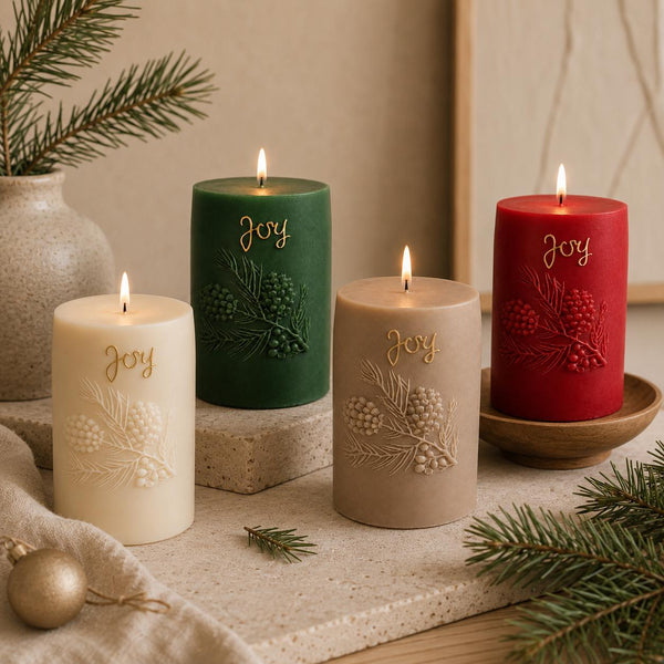 Four lit holiday candles in cream, green, beige, and red, each embossed with pine branches and the word "Joy" in gold, styled on a tabletop with pine branches and a ceramic vase.