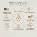 Votive Candle Co branding with product features on a white background