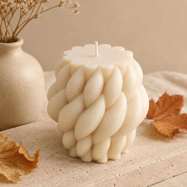 Cable Knit Pillar Candle – chunky soy wax texture