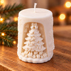Christmas tree pillar candle with wrapped presents – sculptural soy wax holiday candle – view 5