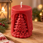 Christmas tree pillar candle with wrapped presents – sculptural soy wax holiday candle – view 3