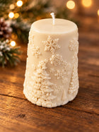 Christmas tree pillar candle with wrapped presents – sculptural soy wax holiday candle – view 4