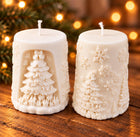 Christmas tree pillar candle with wrapped presents – sculptural soy wax holiday candle – view 2