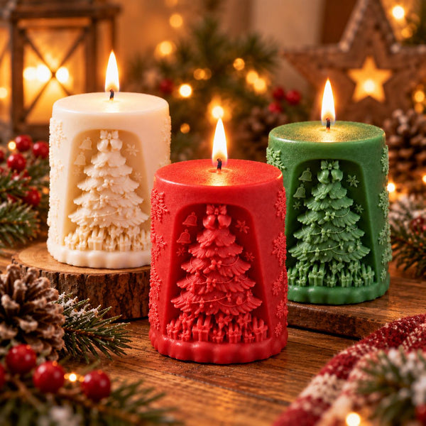 Christmas tree pillar candle with wrapped presents – sculptural soy wax holiday candle