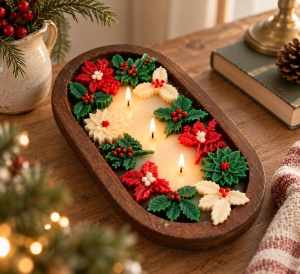 Christmas dough bowl candle with wax poinsettias – handmade soy wax candle – view 2