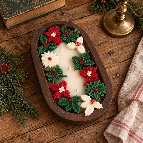 Christmas dough bowl candle with wax poinsettias – handmade soy wax candle