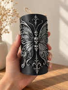 Gothic butterfly pillar candle with sculpted skulls – soy wax sculptural candle – view 2