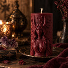Gothic witch pillar candle with horned goddess – soy wax sculptural candle – view 3