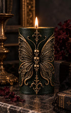 Gothic butterfly pillar candle with sculpted skulls – soy wax sculptural candle – view 6