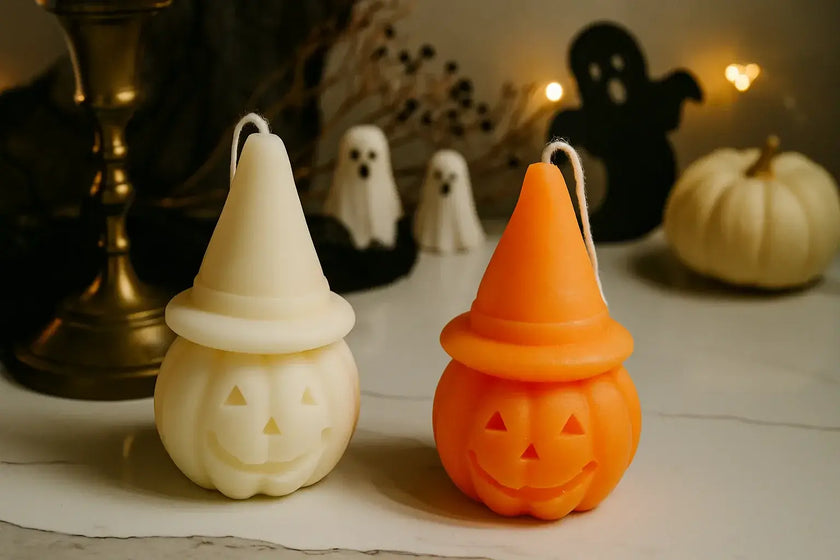 Limited edition Halloween pumpkin hat candle, artisan soy wax spooky decor.