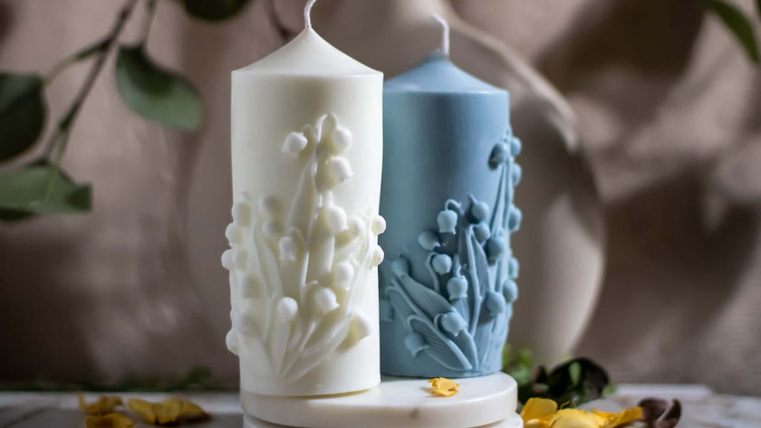 Hand-poured Lily of the Valley scented candle, made from natural soy wax, releasing a delicate floral aroma.