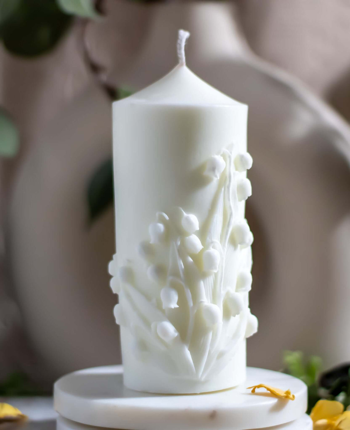 Handmade Flower Pillar Candle soy wax candle — unlit display
