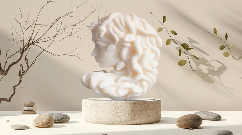 Elegant Medusa candle bust handmade from eco-friendly soy wax – luxury home decor piece with snake hair detail, inspired by Greek mythology and classical sculpture.