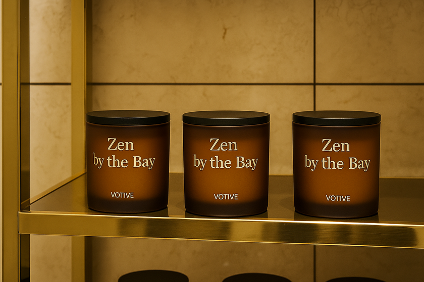 Three 'Zen by the Bay' candles on a gold shelf against a beige tiled wall.