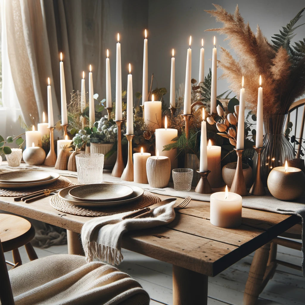 Elegant candlelit dining table with natural soy wax candles in various shapes and sizes, creating a warm and cozy ambiance. Aesthetic wooden candle holders, soft linens, and lush greenery enhance the organic and rustic decor, perfect for a sustainable and eco-friendly home setting.