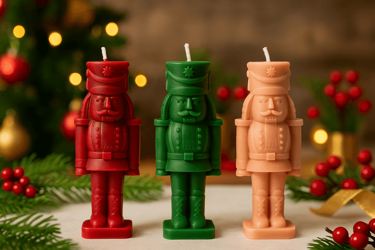 Three nutcracker-shaped candles in red, green, and brown with a festive background.