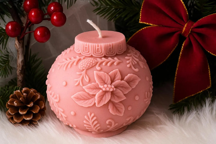 Pink floral-patterned candle with Christmas decorations in the background