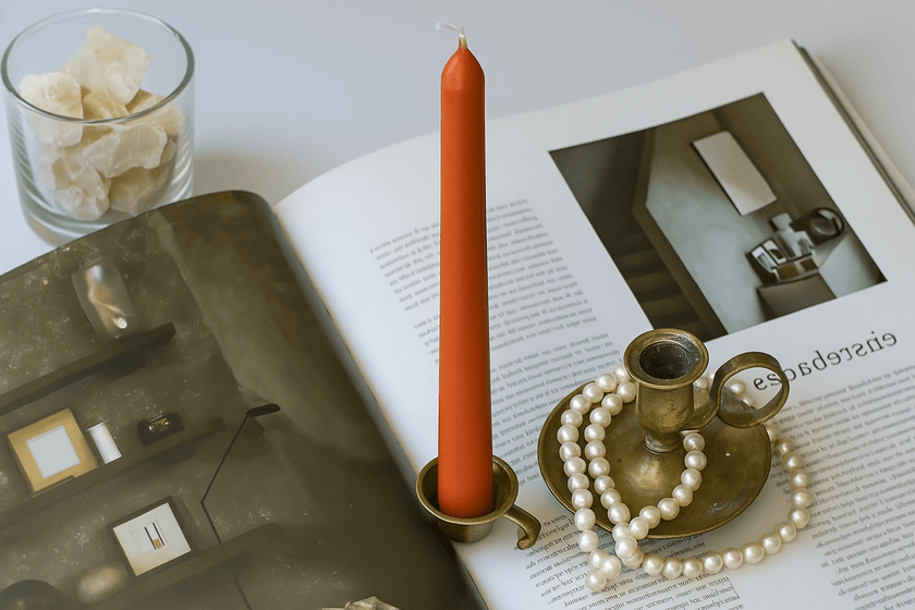 Red candle in a brass holder on an open book with pearls and a glass container of rocks.