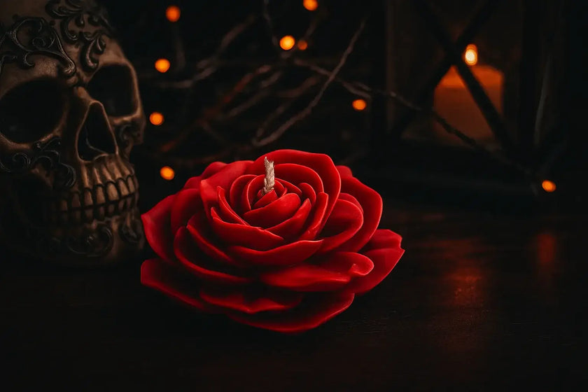 Red rose-shaped candle with a skull and blurred candles in the background