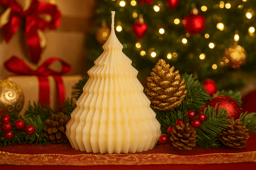 Decorative candle shaped like a Christmas tree with festive decorations in the background.