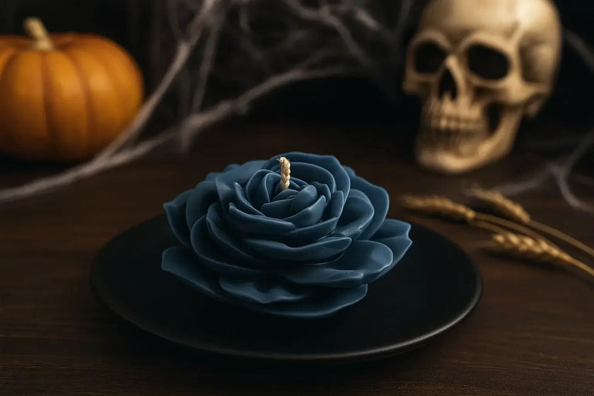 Elegant Halloween black rose soy candle, unique spooky floral decoration and seasonal accent
