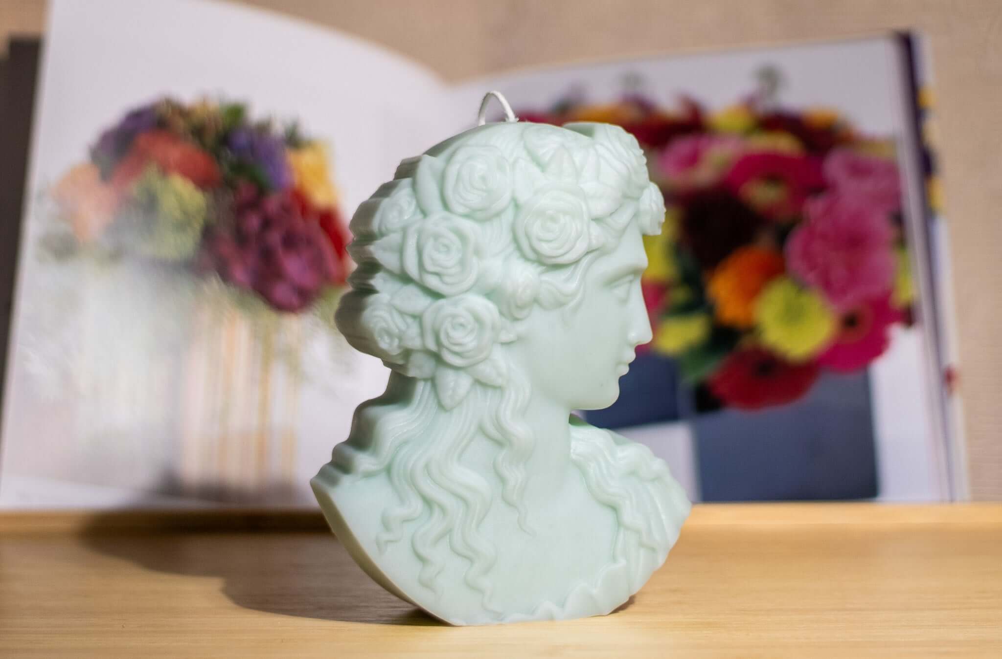 Greek goddess sculpture candle in white soy wax – hand-poured, clean-burning decorative candle for elegant minimalist interiors.
