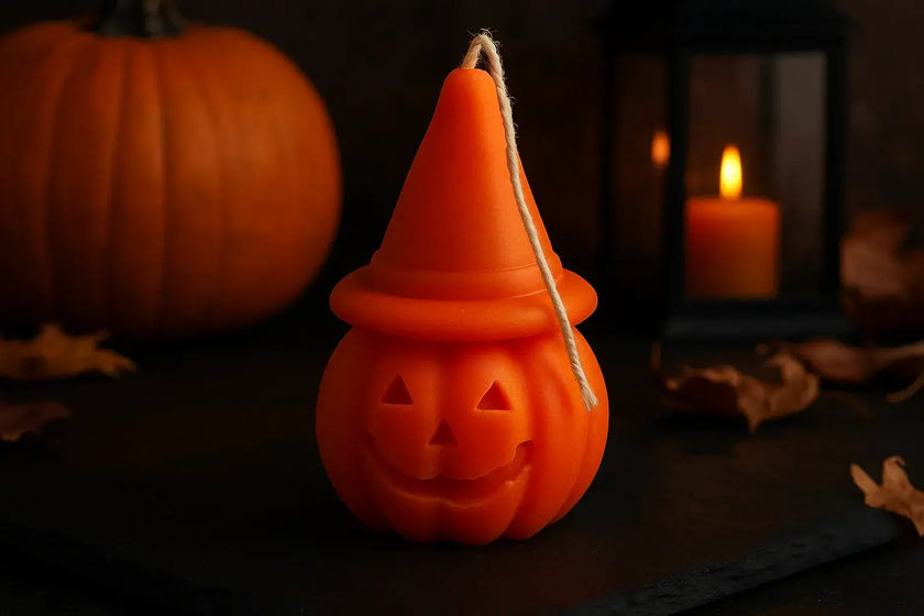 Sculptural soy wax Halloween candle shaped like a pumpkin with witch hat design.