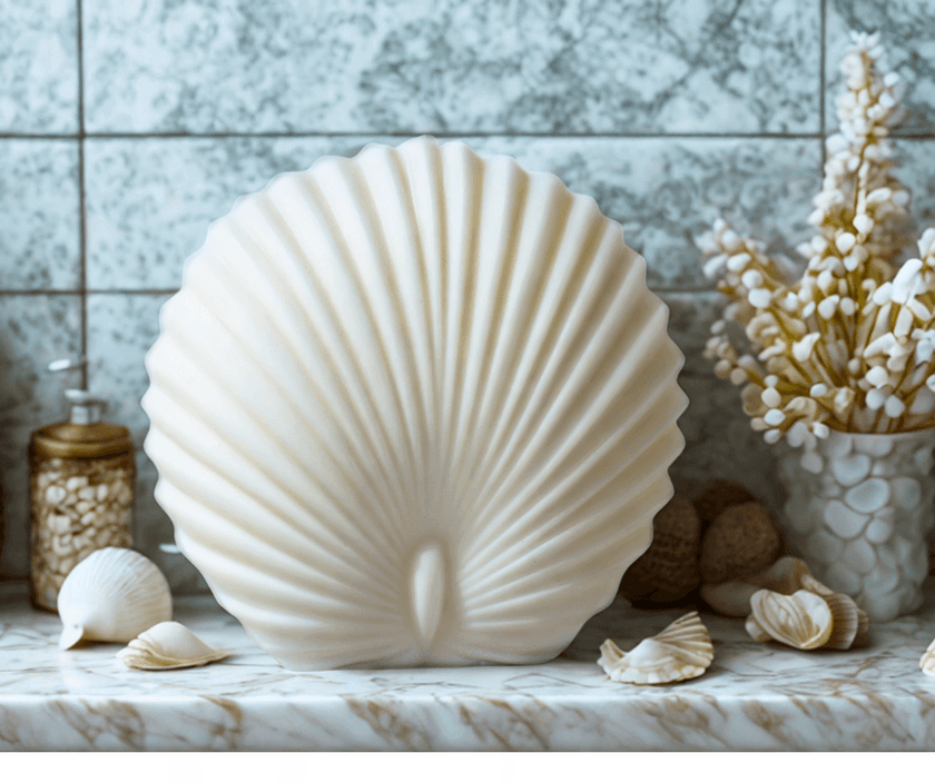Feminine sculptural shell candle on marble tray – soy wax decor for peaceful moments and soft lighting.