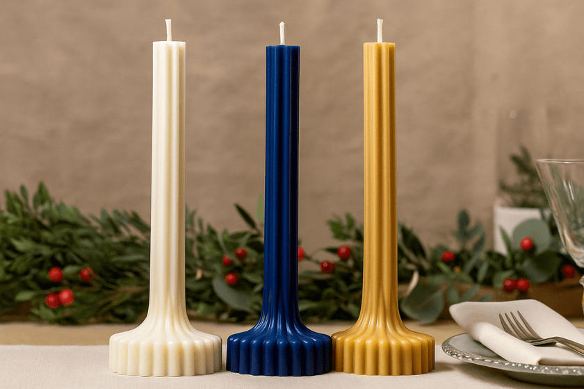 Three tall candles in white, blue, and gold on a table with a decorative background.