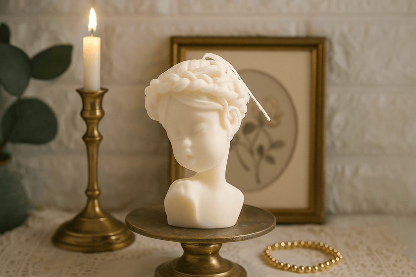 White sculpture of a head on a bronze stand with a candle and framed picture in the background.