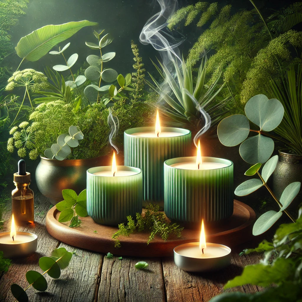 Hand-poured soy wax candles in elegant green ribbed containers, surrounded by fresh eucalyptus leaves and therapeutic essential oils. Eco-friendly, non-GMO, and infused with aromatherapy scents for relaxation and wellness.