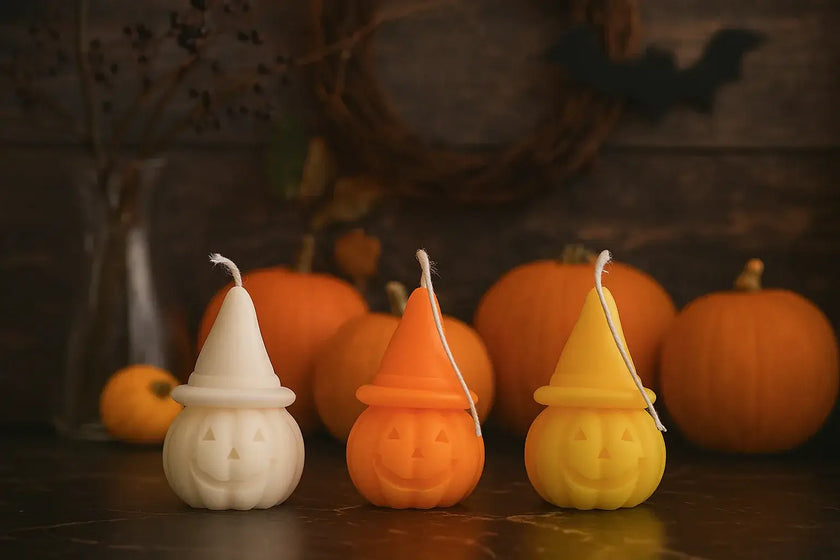 Three jack-o'-lantern-shaped candles in white, orange, and yellow on a dark surface with pumpkins in the background.
