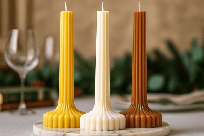 Three ribbed candles in yellow, white, and brown on a marble base with a blurred background.