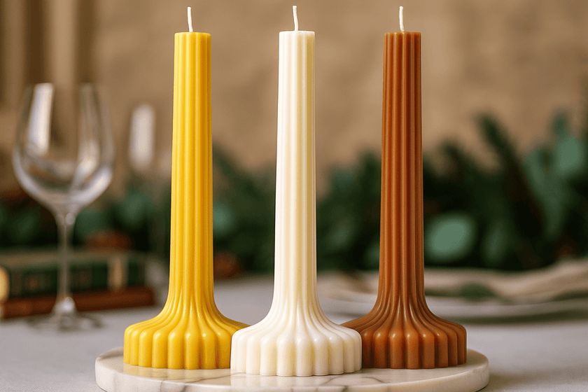 Three ribbed candles in yellow, white, and brown on a marble base with a blurred background.