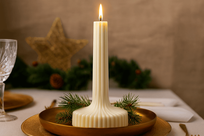 White candle in a decorative holder on a table with Christmas decorations.