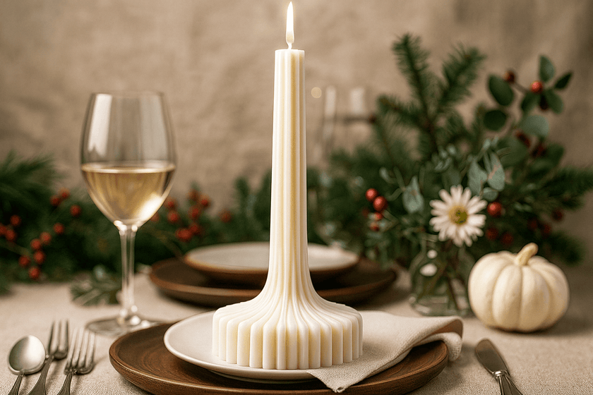 Decorative candle on a table setting with wine, plates, and greenery.