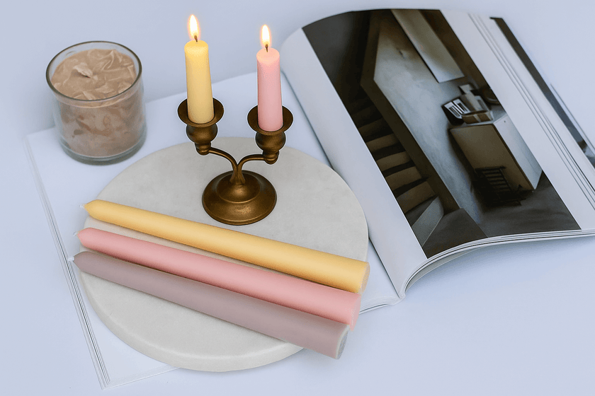 Decorative setup with candles, candles in holders, and a magazine on a white surface
