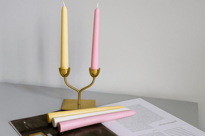Gold candle holder with pink and yellow candles on a gray surface