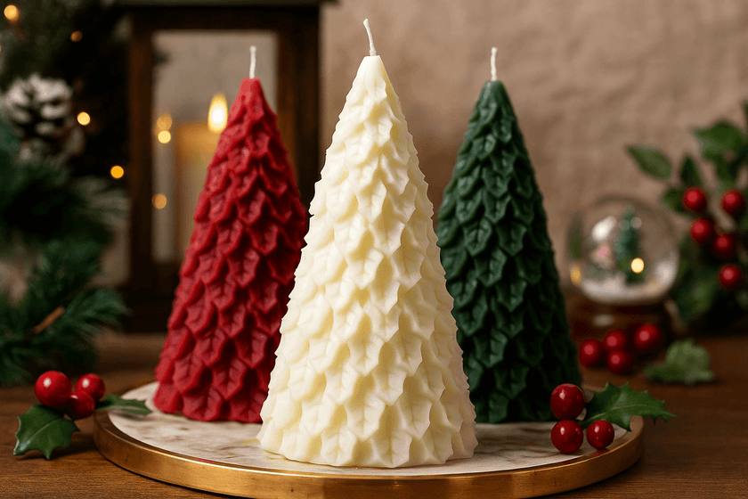 Three tree-shaped candles in red, white, and green on a wooden board with a festive background.