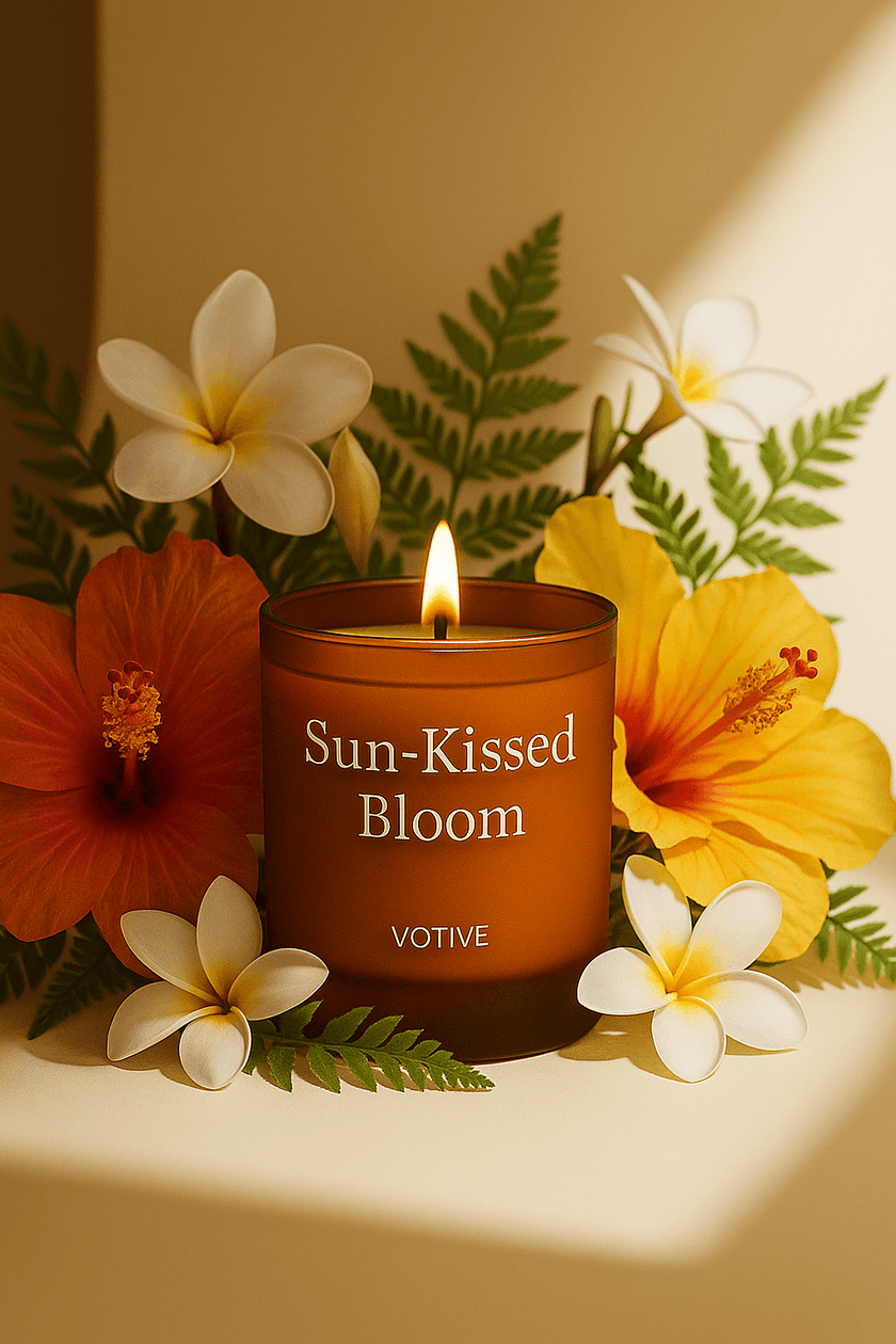 vegan tropical candle in frosted glass jar with wood lid

