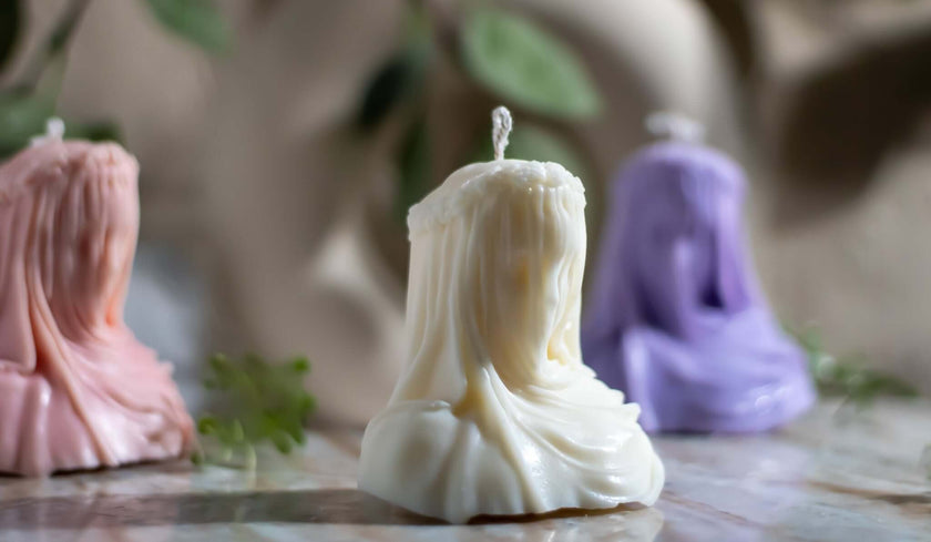 Delicately scented veiled woman candle – hand-poured in non-toxic soy wax for peaceful evenings.