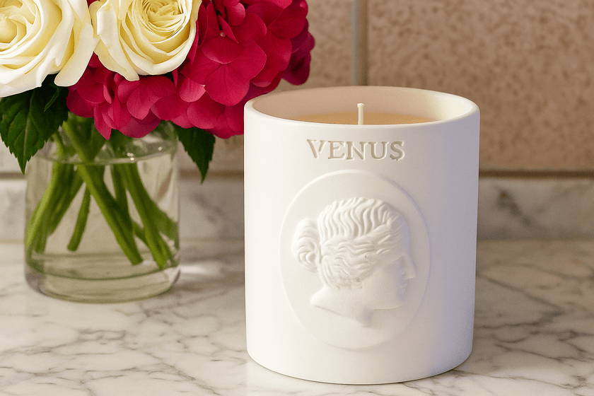 Luxury cherry and oak scented soy candle in handmade eco resin jar – Venus collection
