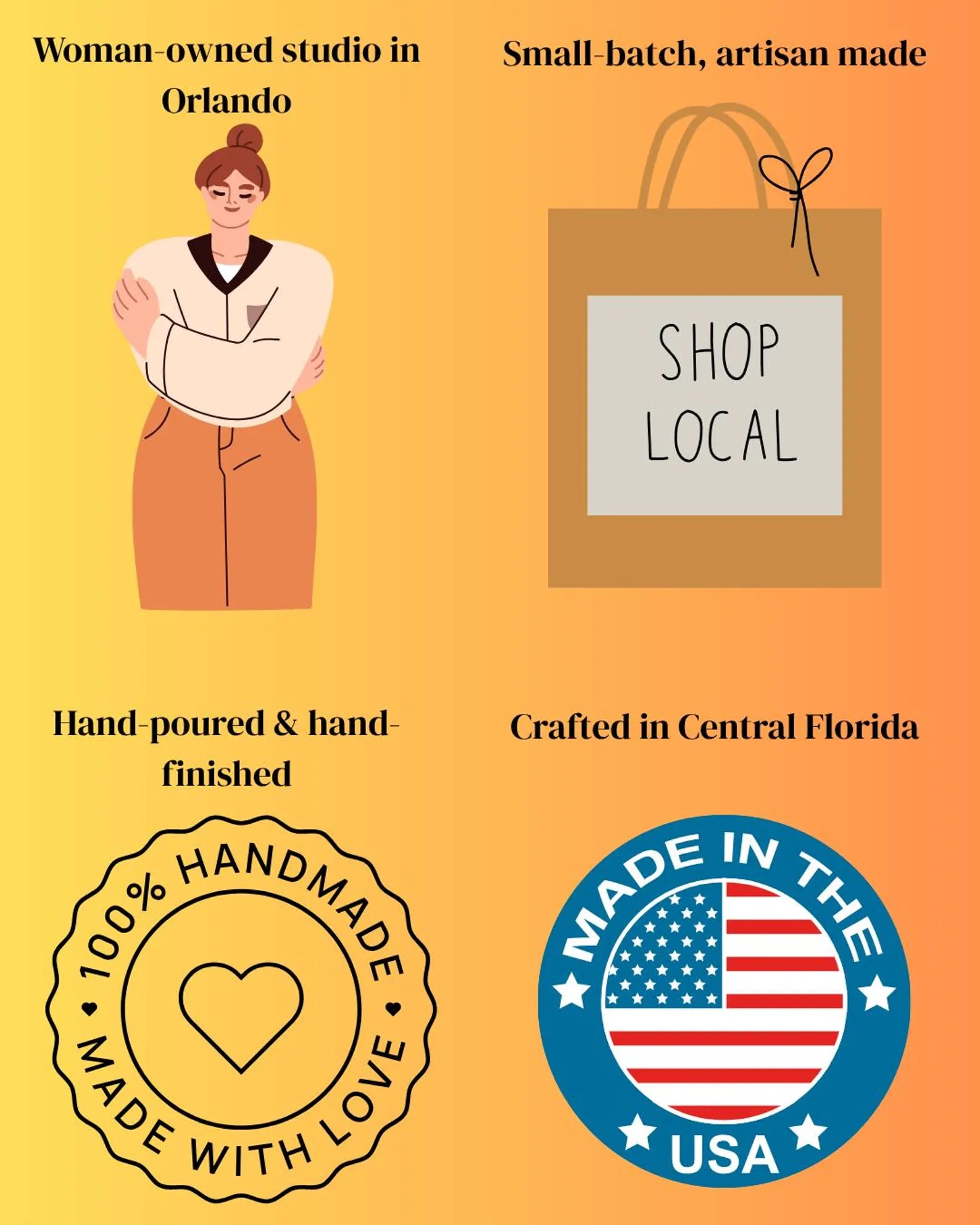 Promotional graphic for a woman-owned studio in Orlando, featuring a 'Shop Local' bag, a woman, and logos indicating handmade quality and U.S.