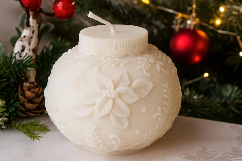 Decorative white candle with floral patterns on a Christmas-themed background