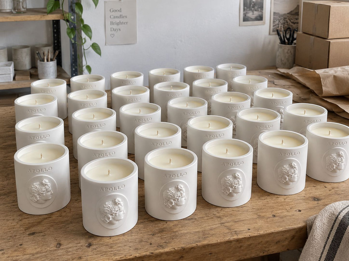 Batch of handmade Apollo soy wax candles ready for wholesale shipment