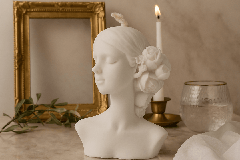 White candle bust with floral arrangement, candle, and gold frame in the background
